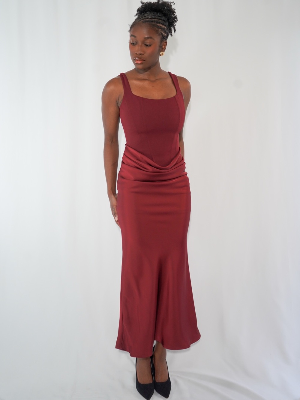Burgundy Satin Midi Dress | Draped Waist Formal Dress | Wedding Guest Dress | US